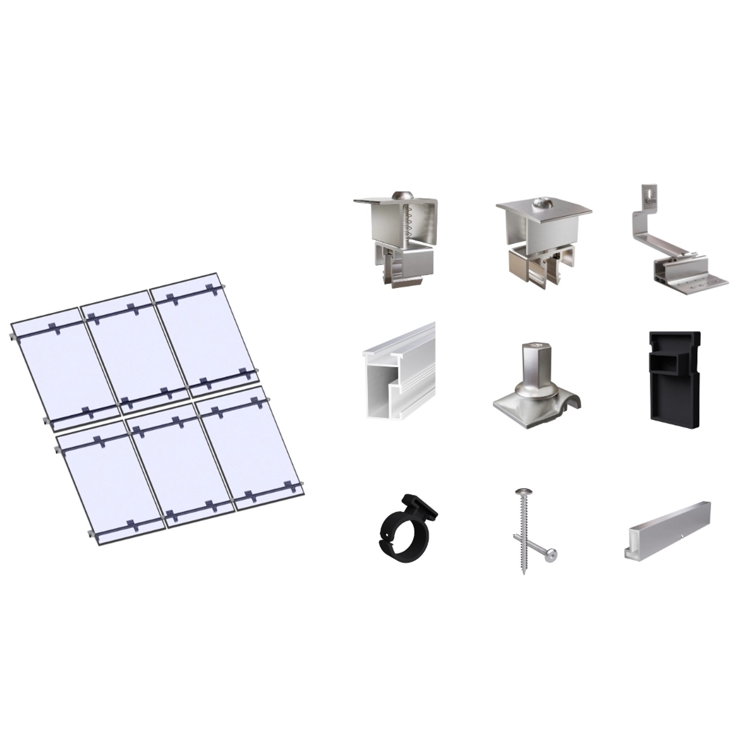 SolMount Montageset Schrägdach 6 Module Anordnung 3 Module nebeneinander und 2 Module untereinander Aluminium Natur