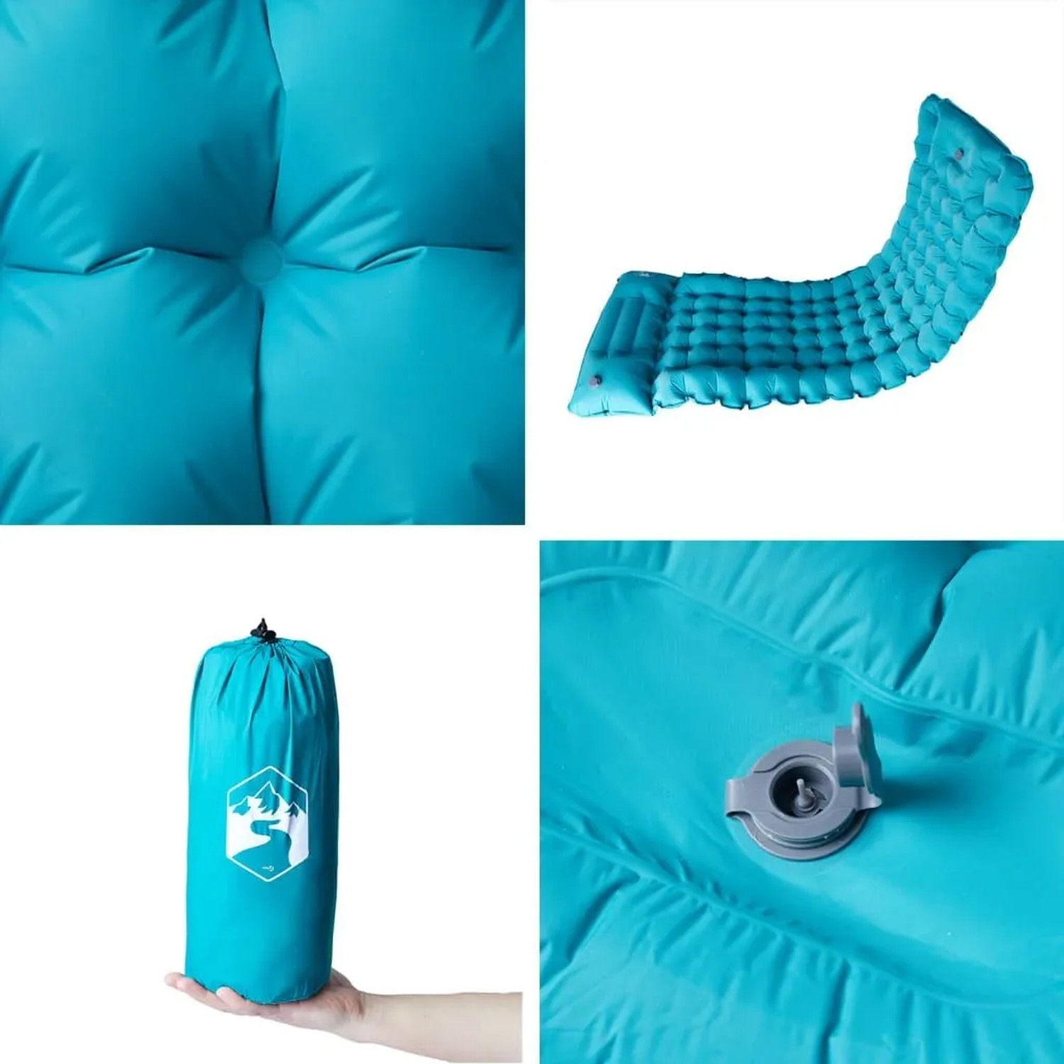 vidaXL selbstaufblasende Isomatte blau mit Kissen, Details und Packtasche.