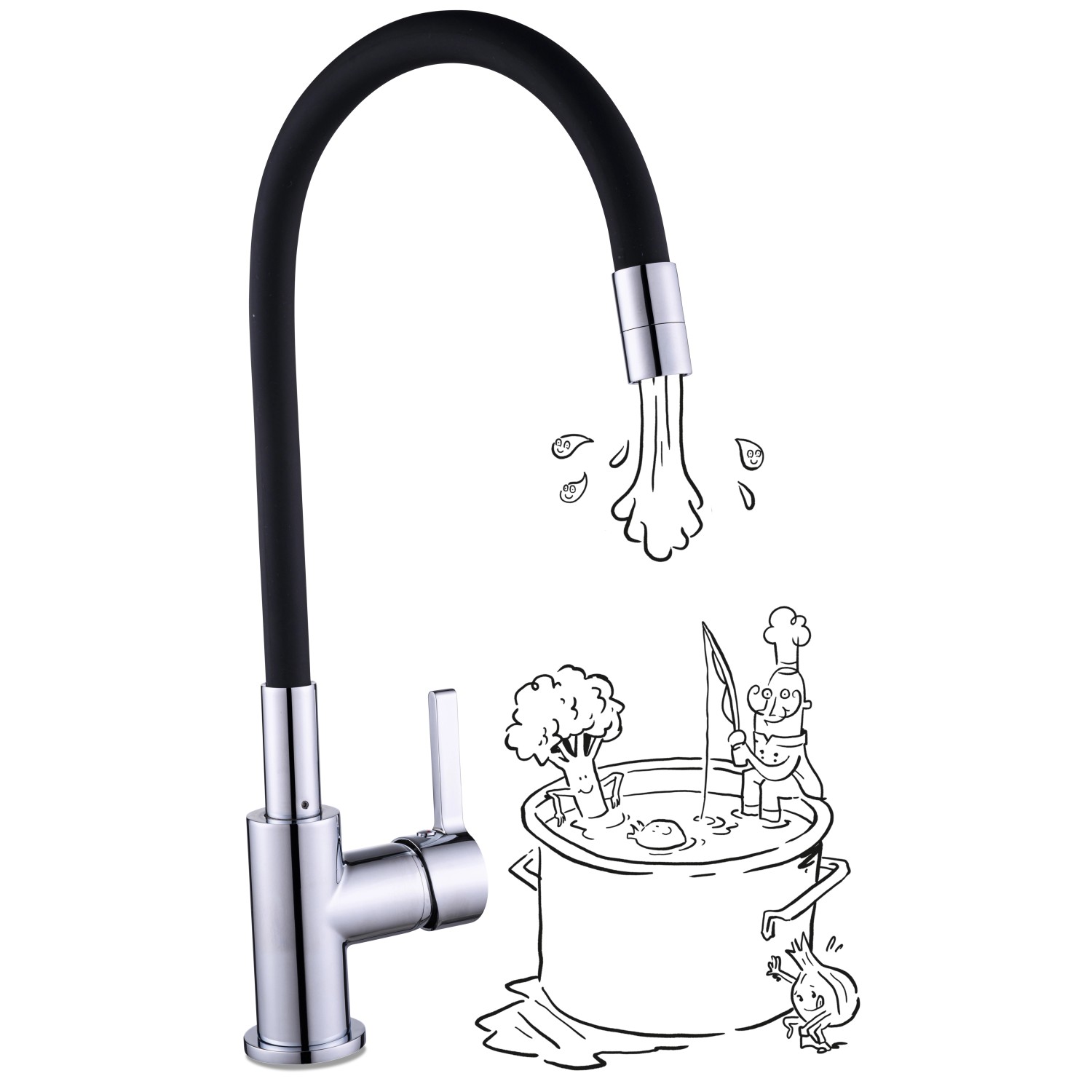 baliv Küchenarmatur KI-1820 Chrom-Schwarz mit flexiblem Auslauf und Cartoon-Illustration.