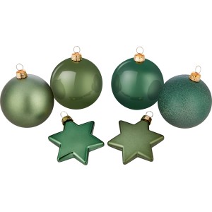 Grünes Weihnachtskugel-Set, 50-teilig, Ø 6 cm, mit Kugeln und Sternen in verschiedenen Oberflächen.