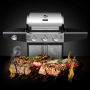 deluxe4home Gasgrillwagen mit Deckel, 3+1 Brenner, Thermometer und Steaks auf dem Grillrost.