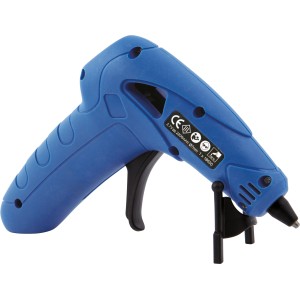 Blaue LUX Akku-Heißklebepistole mit schwarzem Abzug und Ständer. Kompaktes Heißluftgerät.