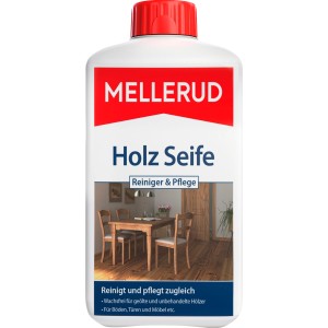 Mellerud Holzseife 1 l Flasche für die Reinigung und Pflege von Holzoberflächen.