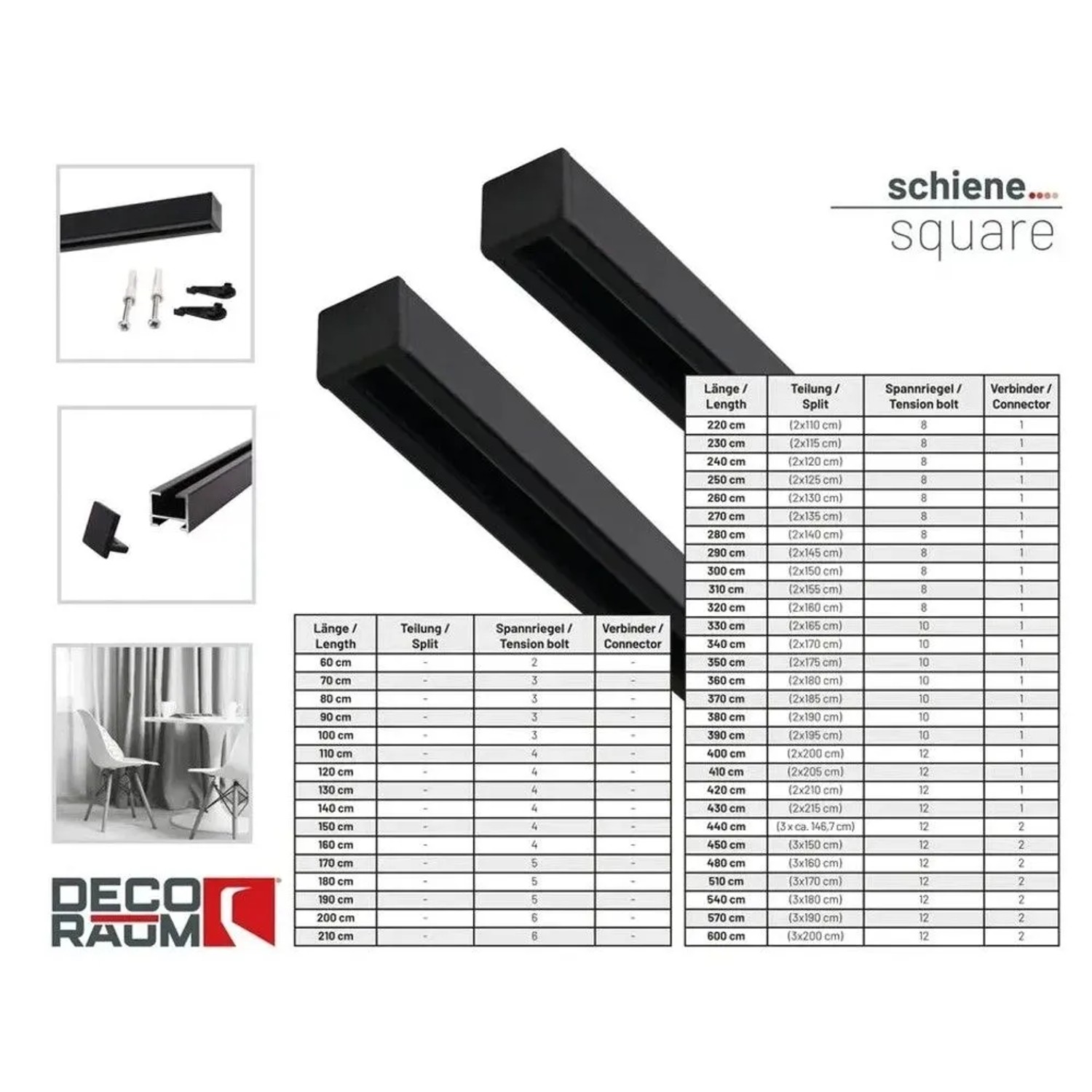 Deco-Raum Gardinenschiene nach Maß 1-Lauf Square Schwarz 300cm