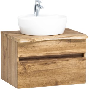Held Möbel Einzelwaschtisch Trient, 61 cm, Eiche Natur Matt, mit weißem Aufsatzwaschbecken und zwei Schubladen.