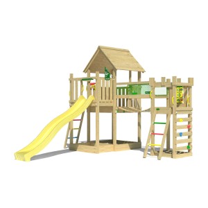 Jungle Gym Spielturm Lookout mit gelber Rutsche, Wackelbrücke und Kletterrampe aus Holz.