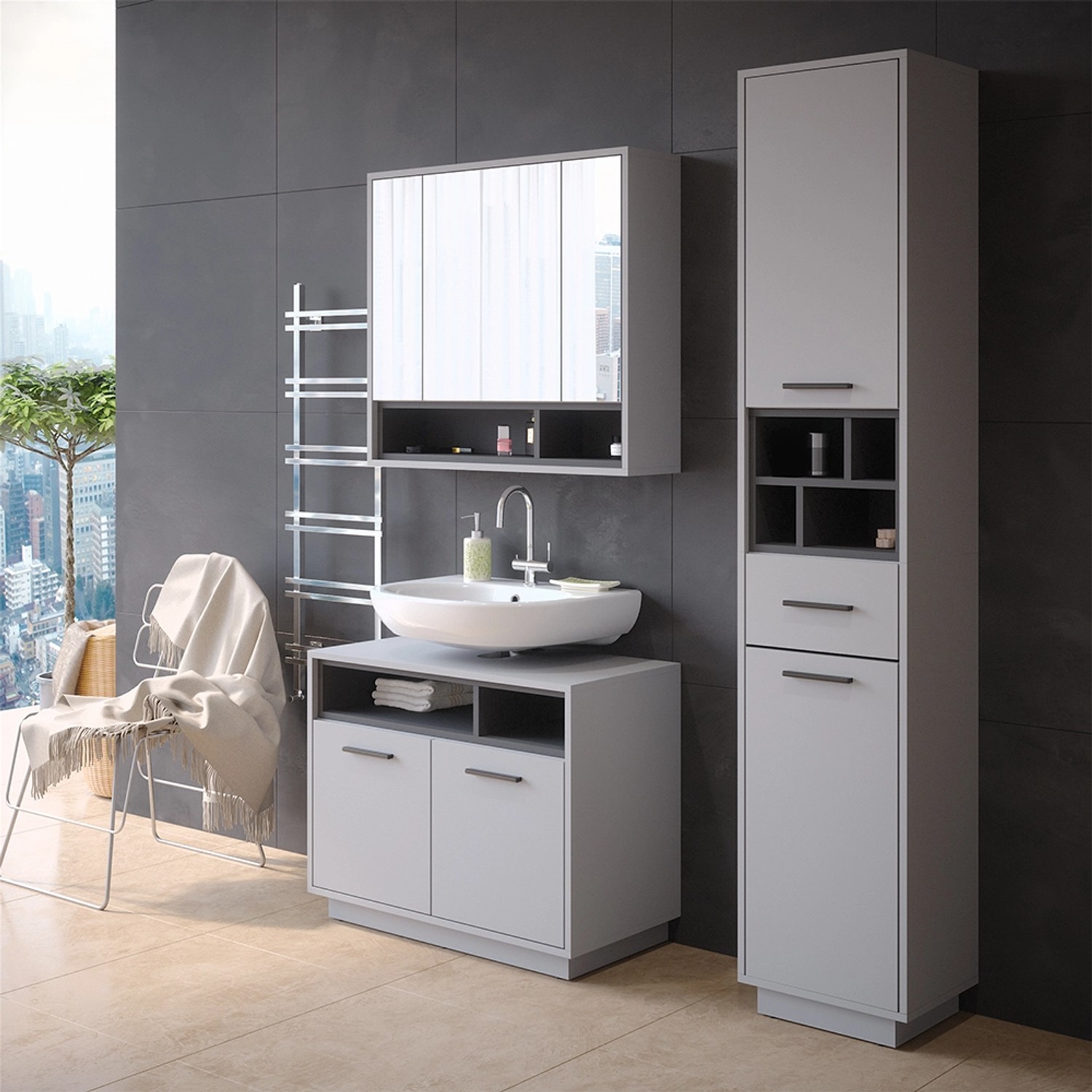 Thumbnail - Vicco Badschrank Beatrice Grau/Anthrazit 38 x 190 cm mit Türen Schubladen und Fächern