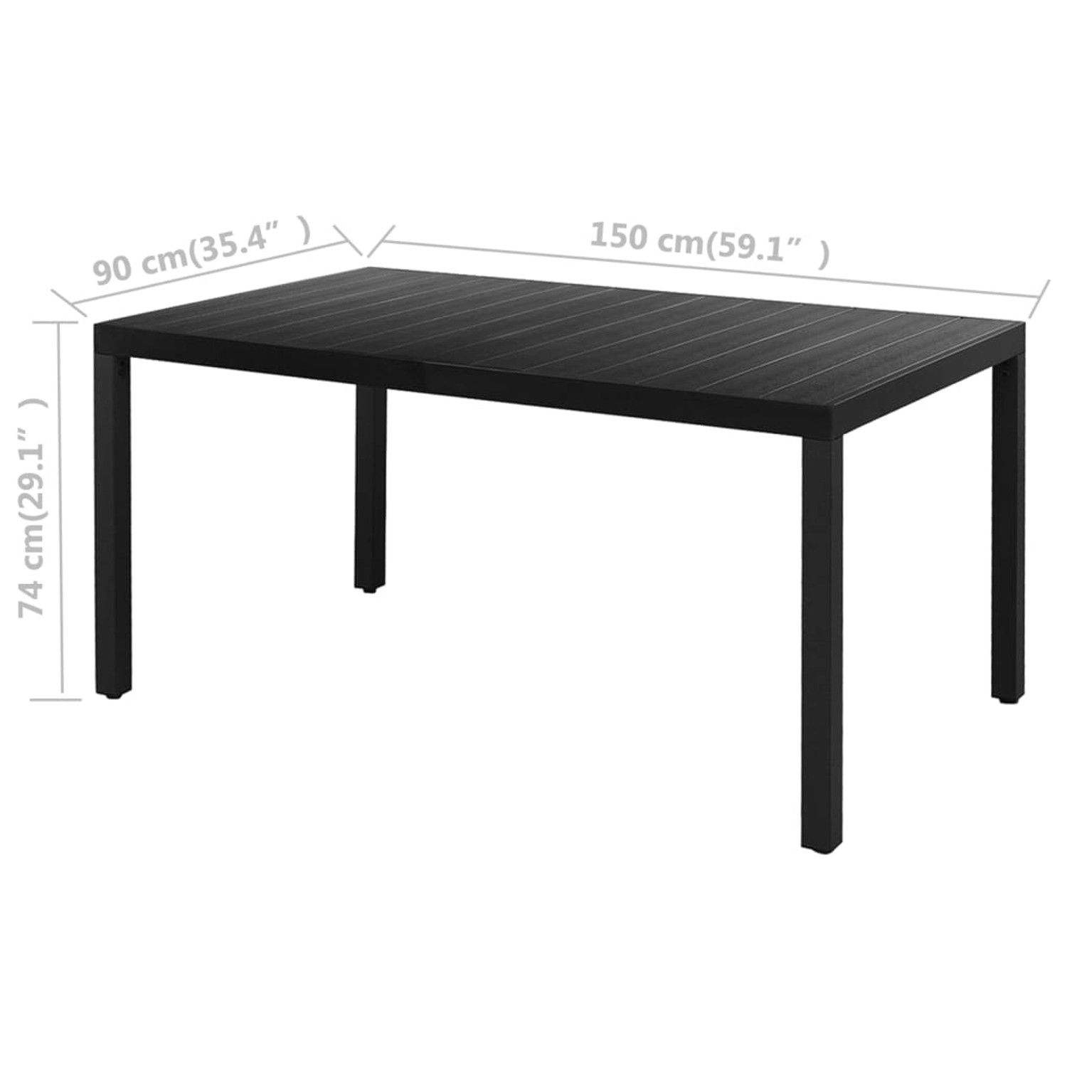 Schwarzer vidaXL Gartentisch aus WPC und Aluminium, Teil einer 7-tlg. Garten-Essgruppe.