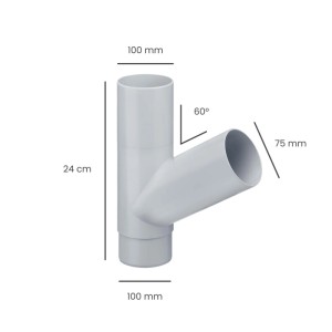 Grauer Inefa PVC Fallrohr-Abzweiger 60 Grad, DN 100/75, für Dachentwässerung. Maße 100mm, 75mm, 24cm.