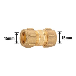 Klemmring-Verschraubung aus Messing, Ø 15 mm, für Sanitär- und Heizungsinstallationen.
