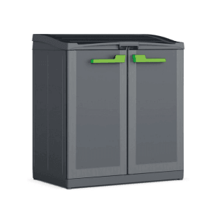 Keter Recycling-Schrank Moby Compact in Graphitgrau mit grünen Griffen. Büroschrank zur Mülltrennung.