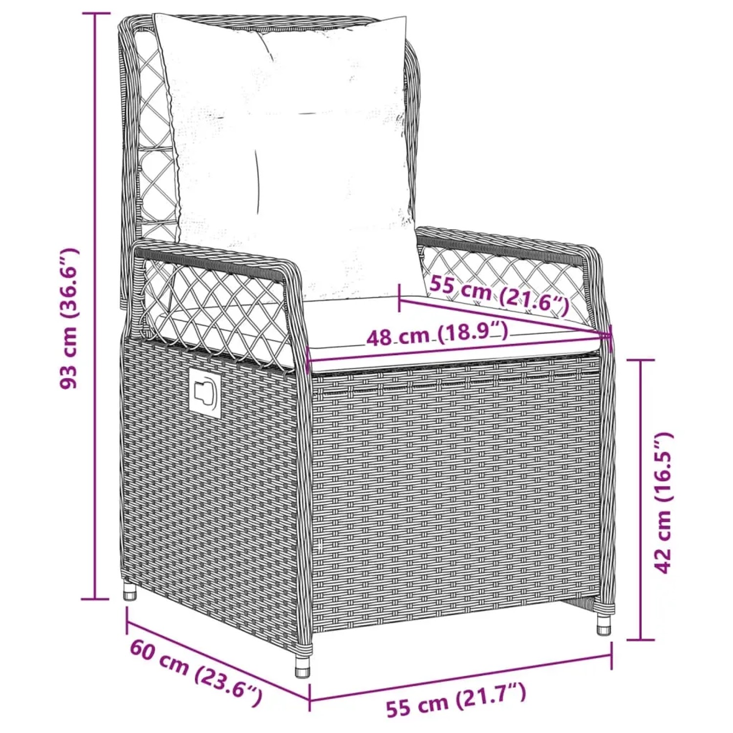 Skizze eines grauen Gartenstuhls aus Rattan mit Kissen, Teil einer 5-tlg. Essgruppe von vidaXL.