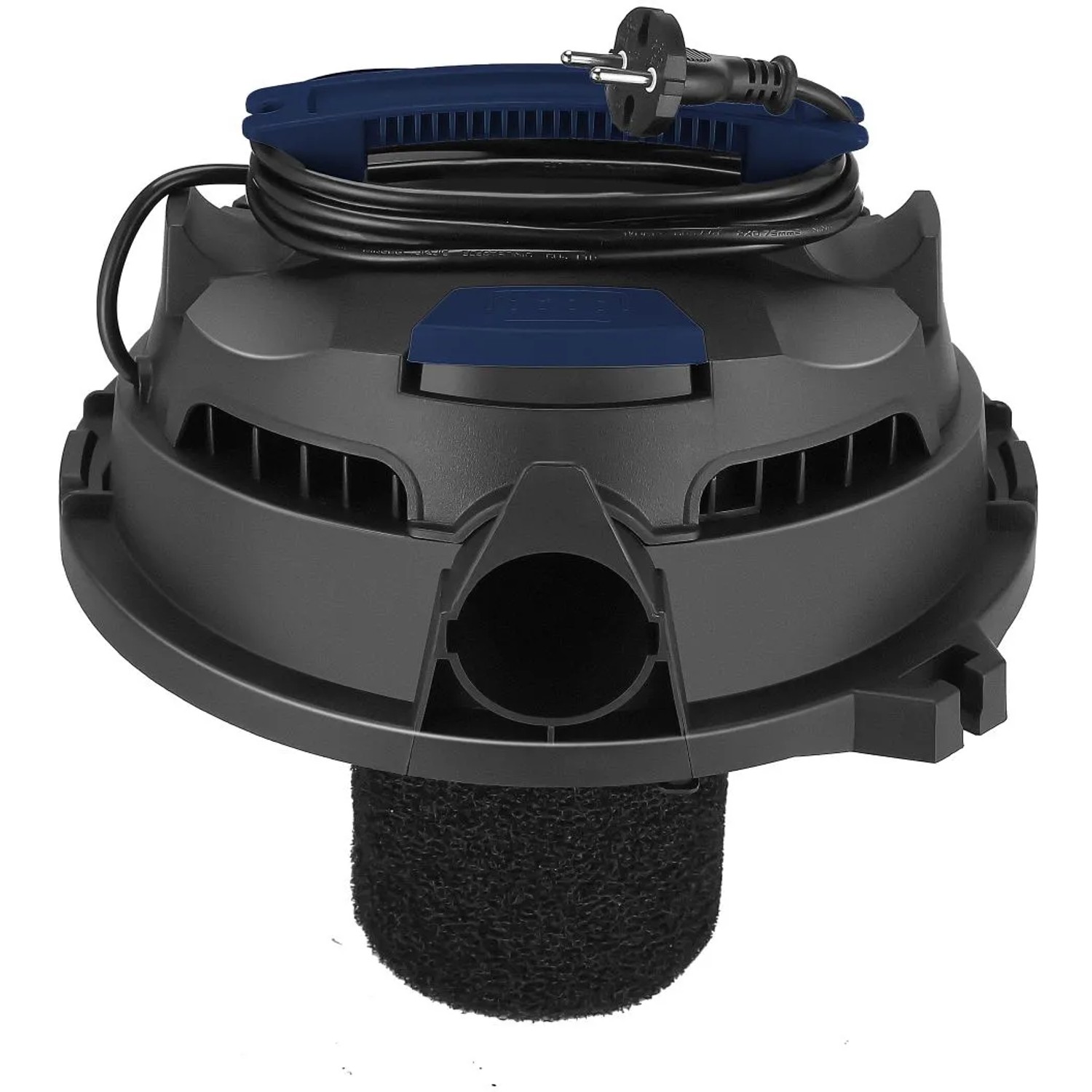 Atrox Nass- und Trockensauger, Detailansicht des Saugerkopfes in Schwarz und Blau.