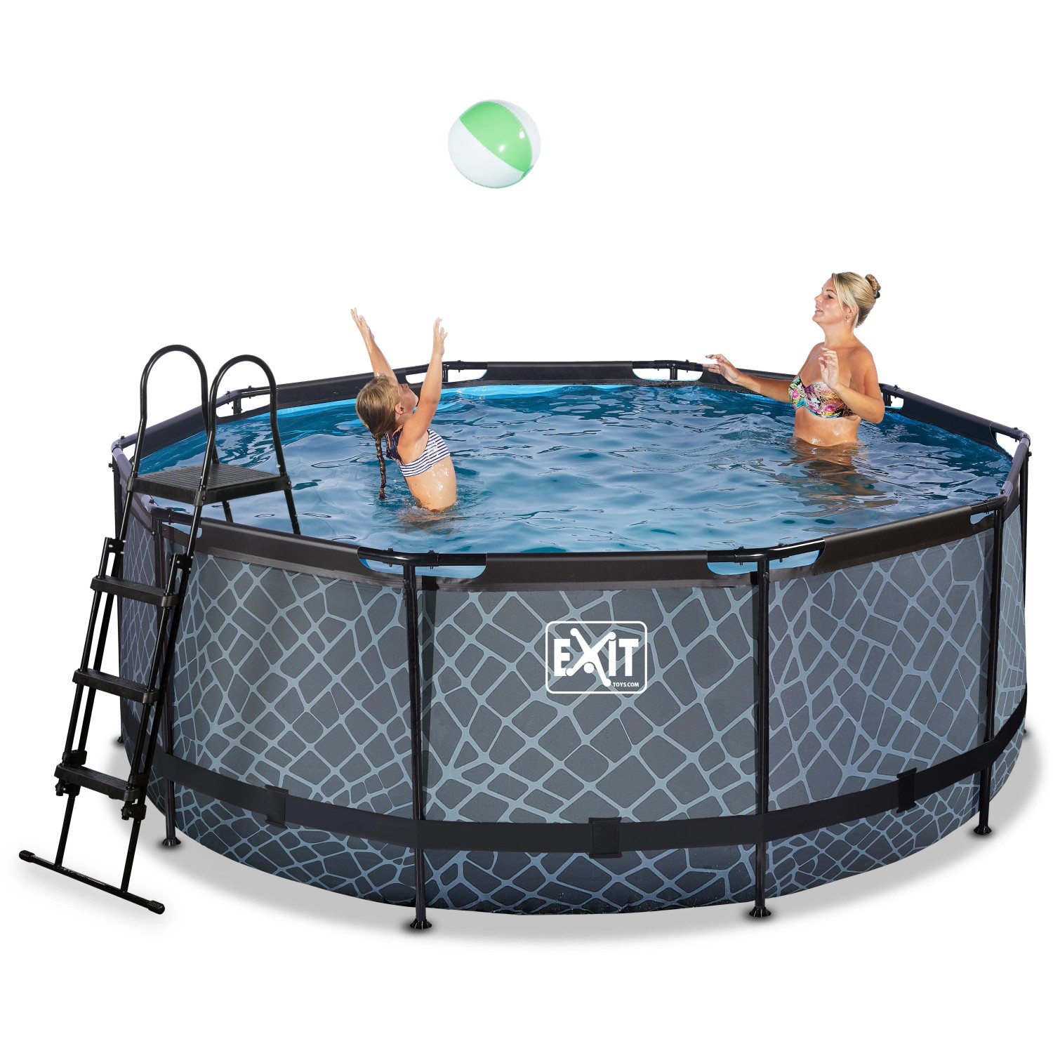Grauer EXIT Stone Pool Ø360x122cm mit Sandfilterpumpe, Leiter und spielenden Personen.