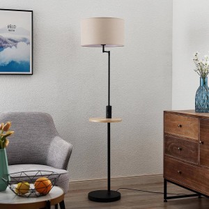 Moderne Lindby Stehlampe Zinia mit USB-Anschluss, schwarz, mit Ablagefläche. Wohnzimmerleuchte.
