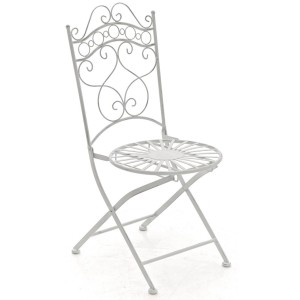 Weißer DELUKE Metall-Klappstuhl mit filigranen Verzierungen. Perfekt für Balkonset, Bistroset oder Gartenmöbel im Vintage-Stil.