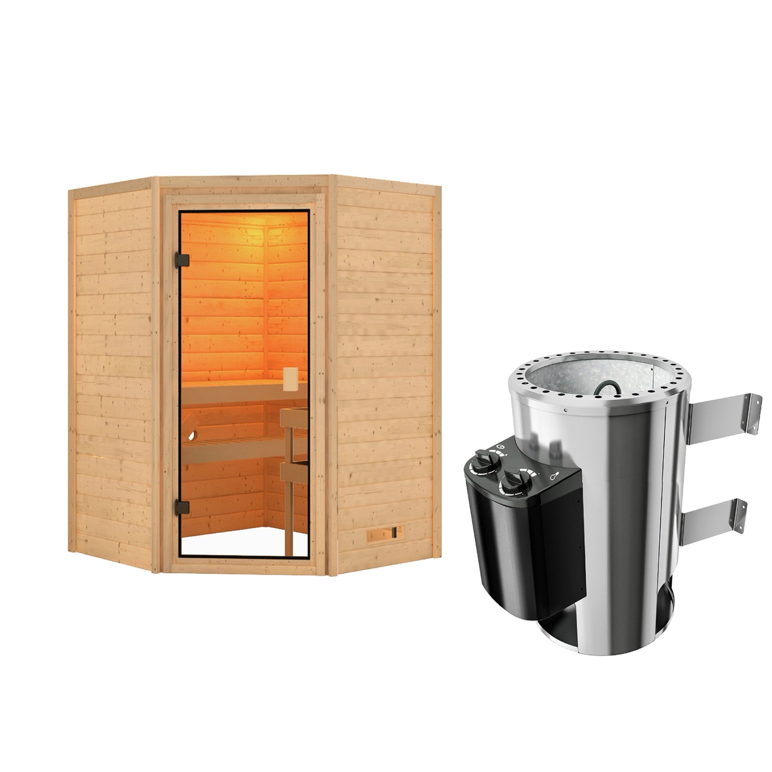 Karibu Sauna Rabea Eckeinstieg Naturbelassen mit Ofen 3,6 kW Integriert