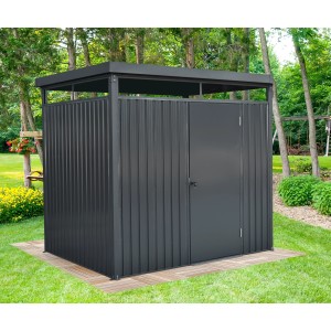 Floraworld Metall-Gerätehaus in Anthrazit, Stahl, mit Flügeltür im Garten.