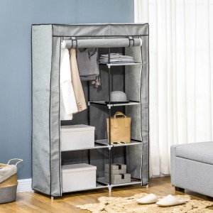 Grauer HOMCOM Kleiderschrank mit Kleiderstange und 6 Fächern. Faltbarer Stoffschrank zur Aufbewahrung.
