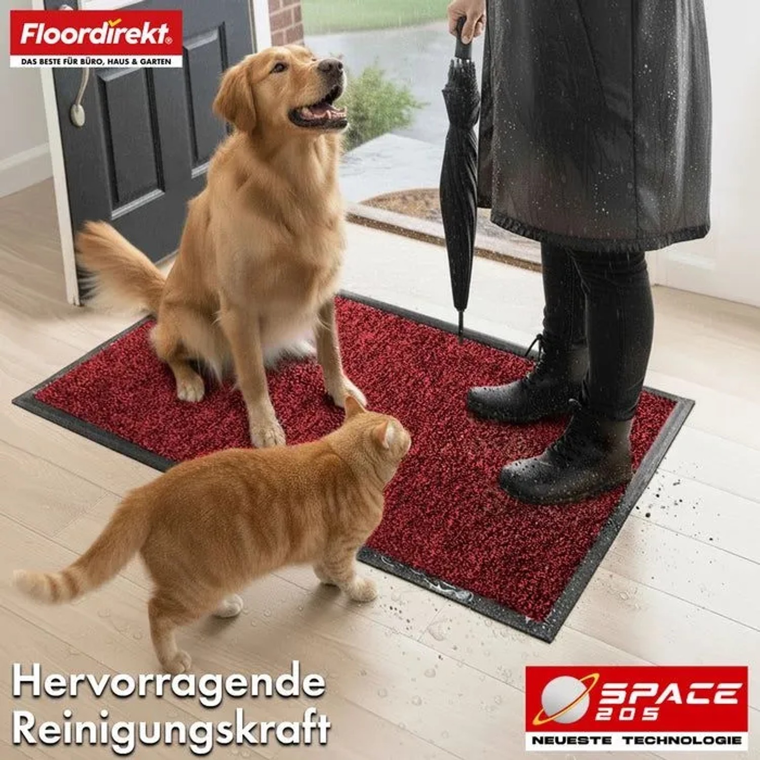Rote Floordirekt Schmutzfangmatte Space 205 (60x90 cm) am Eingang. Person, Hund, Katze bei Regen. Rutschfest.