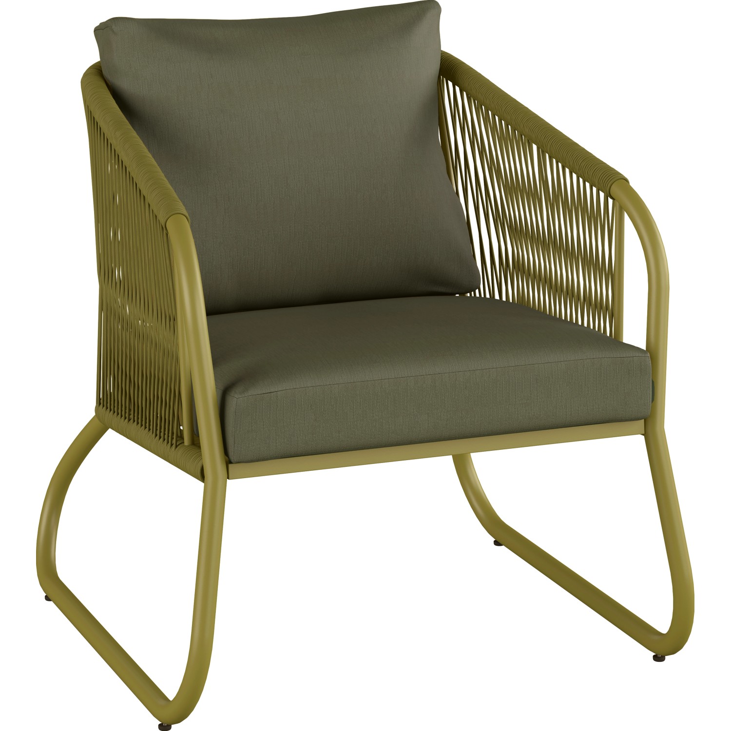 Olivfarbener Lounge-Sessel Scafford mit Seilbespannung und Kissen, Teil des 4-tlg. Lounge-Sets mit Esstisch.