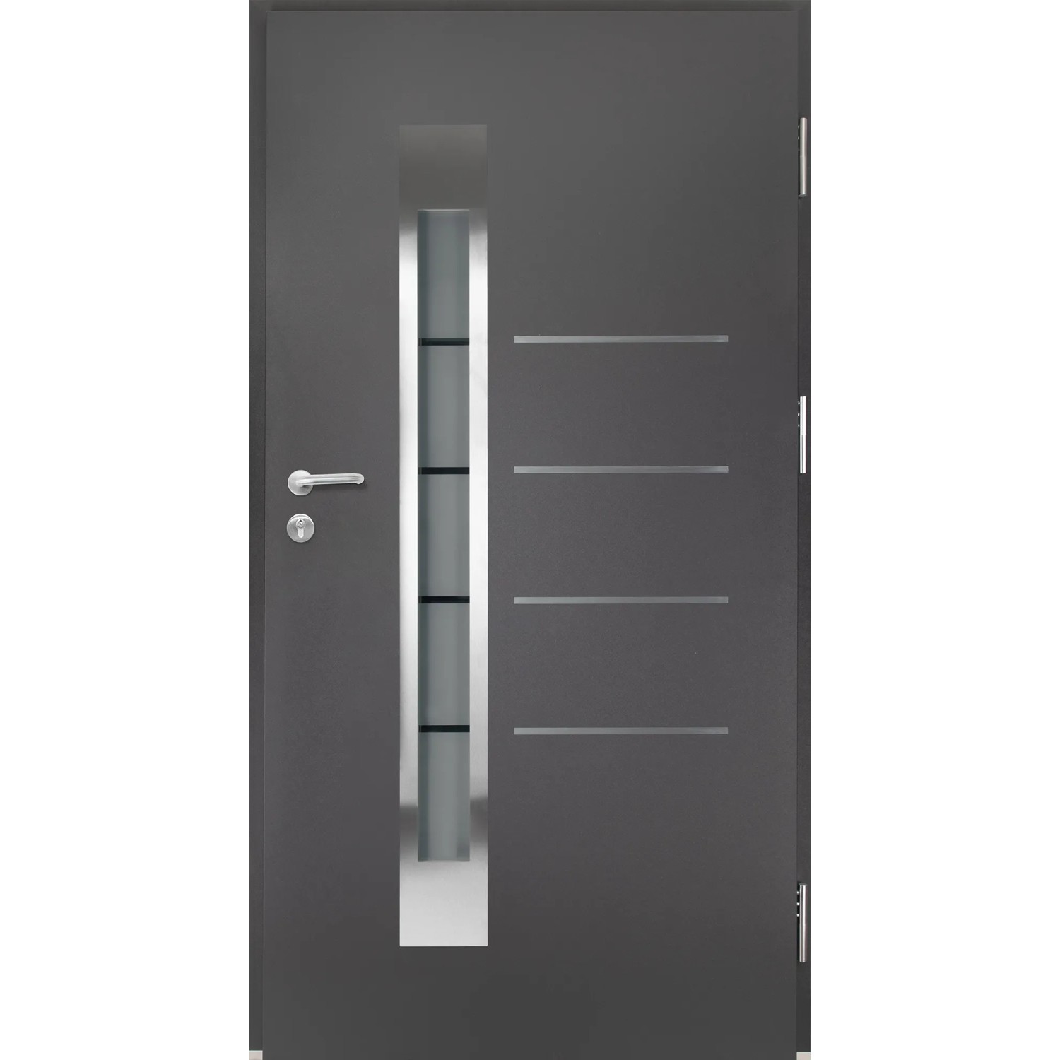 Moderne anthrazitfarbene Splendoor Haustür Berlin Prime mit Glaseinsatz und Edelstahlapplikationen.