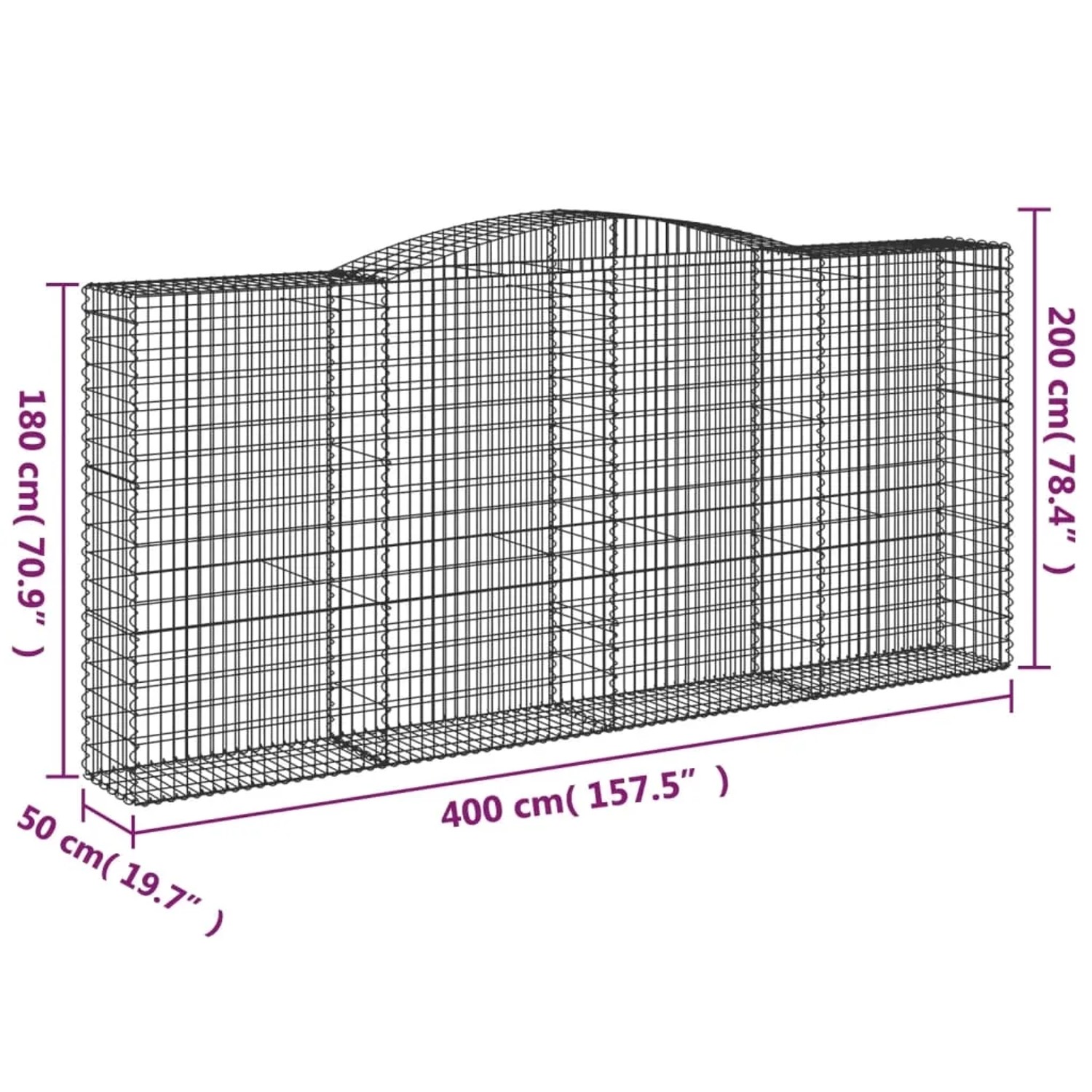 Set aus 5 Gabionen mit Hochbogen, 400x50x180/200cm, aus verzinktem Eisen für den Garten.