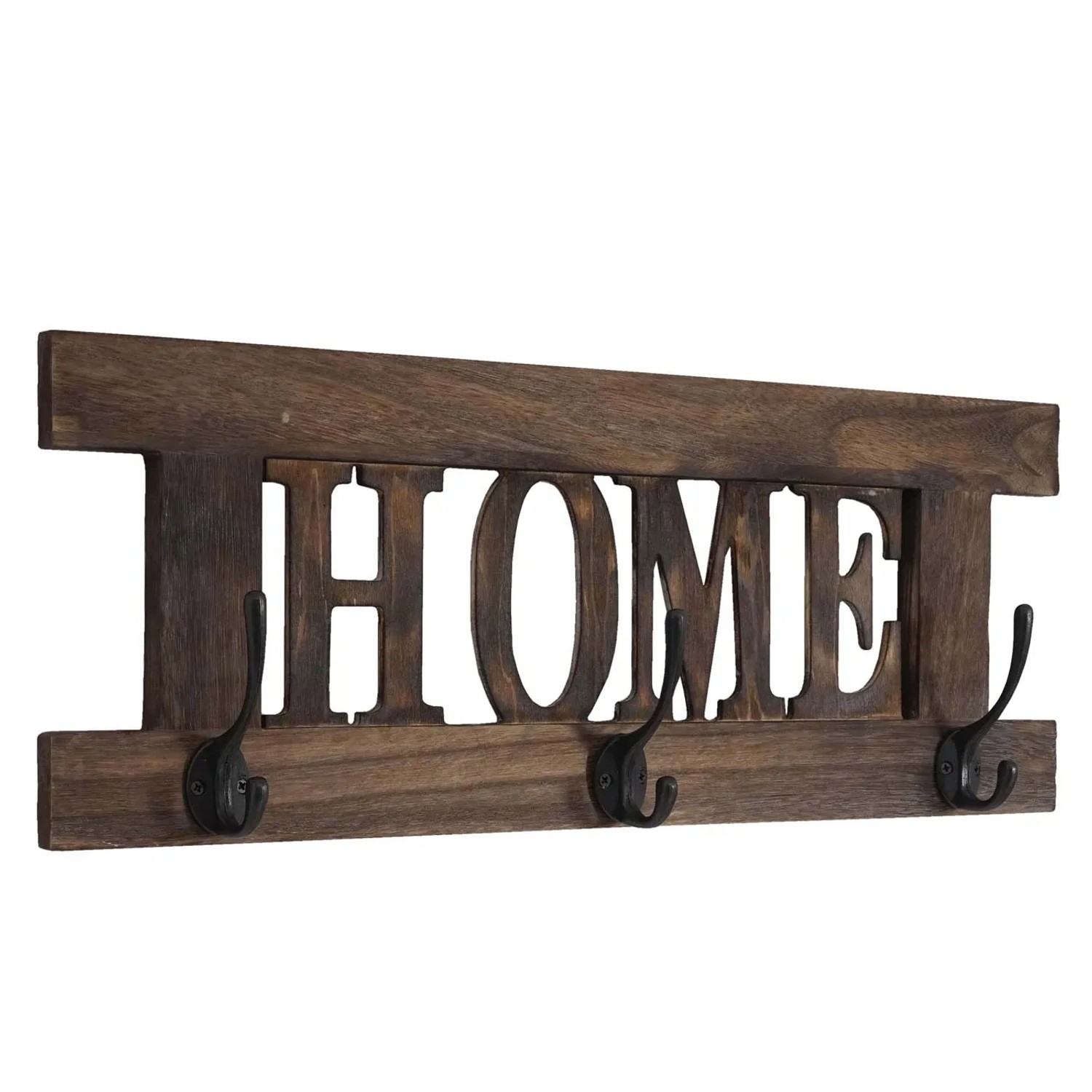 Wandgarderobe C60 im Shabby-Look Braun mit HOME Schriftzug und 3 Doppelhaken.
