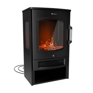 Schwarzer Juskys Elektrokamin 1800W mit Flammeneffekt und App-Steuerung.