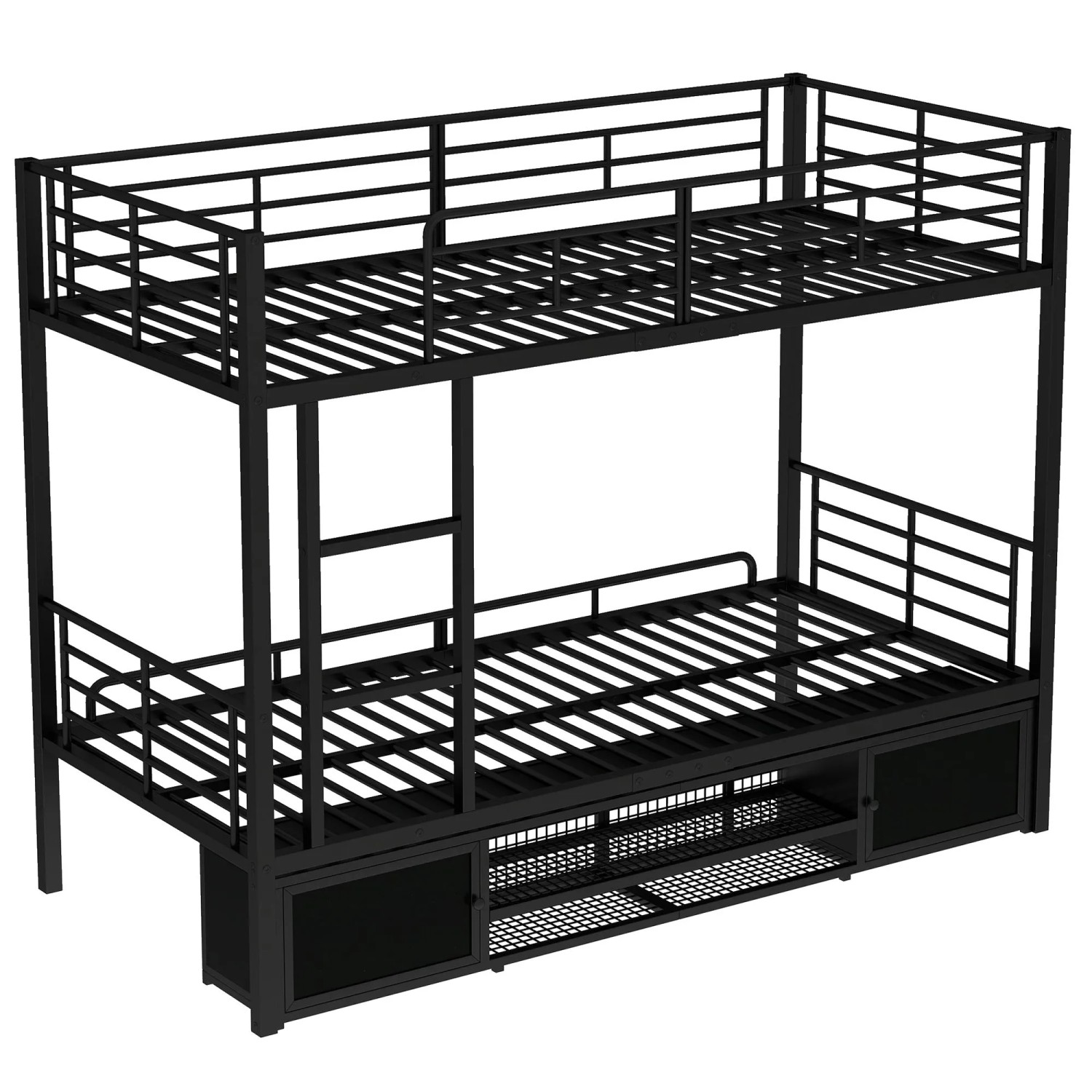 KOMHTOM Etagenbett 90x200Cm Mit Schuhschrank Doppeltüriger Lagerschrank Kinderbett Mit Seitenleiter Und Fallschutzgitter Eisen Schwarz