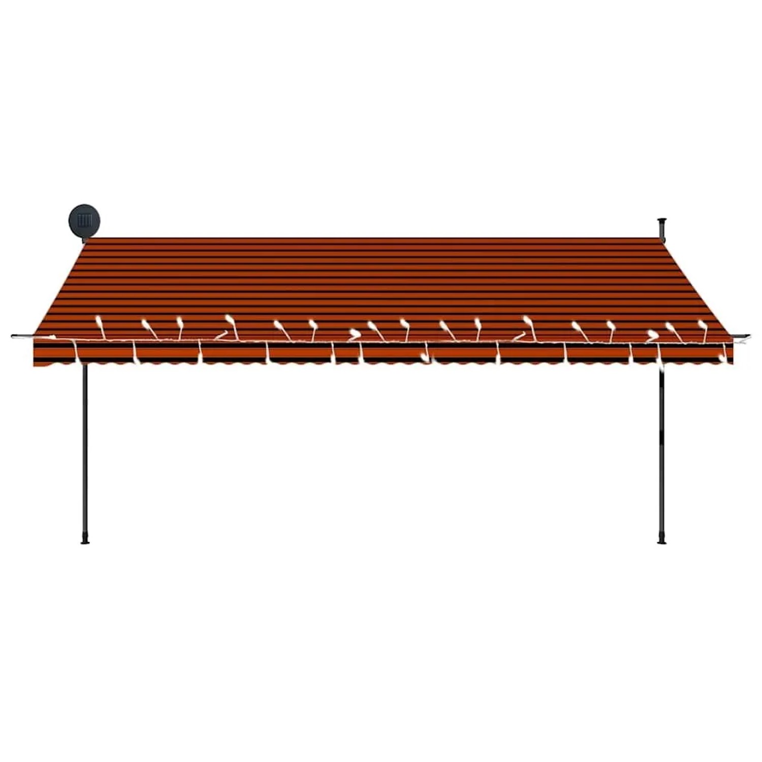 Orange-braune einziehbare Markise mit LED-Beleuchtung und Handkurbel für Terrasse oder Balkon.
