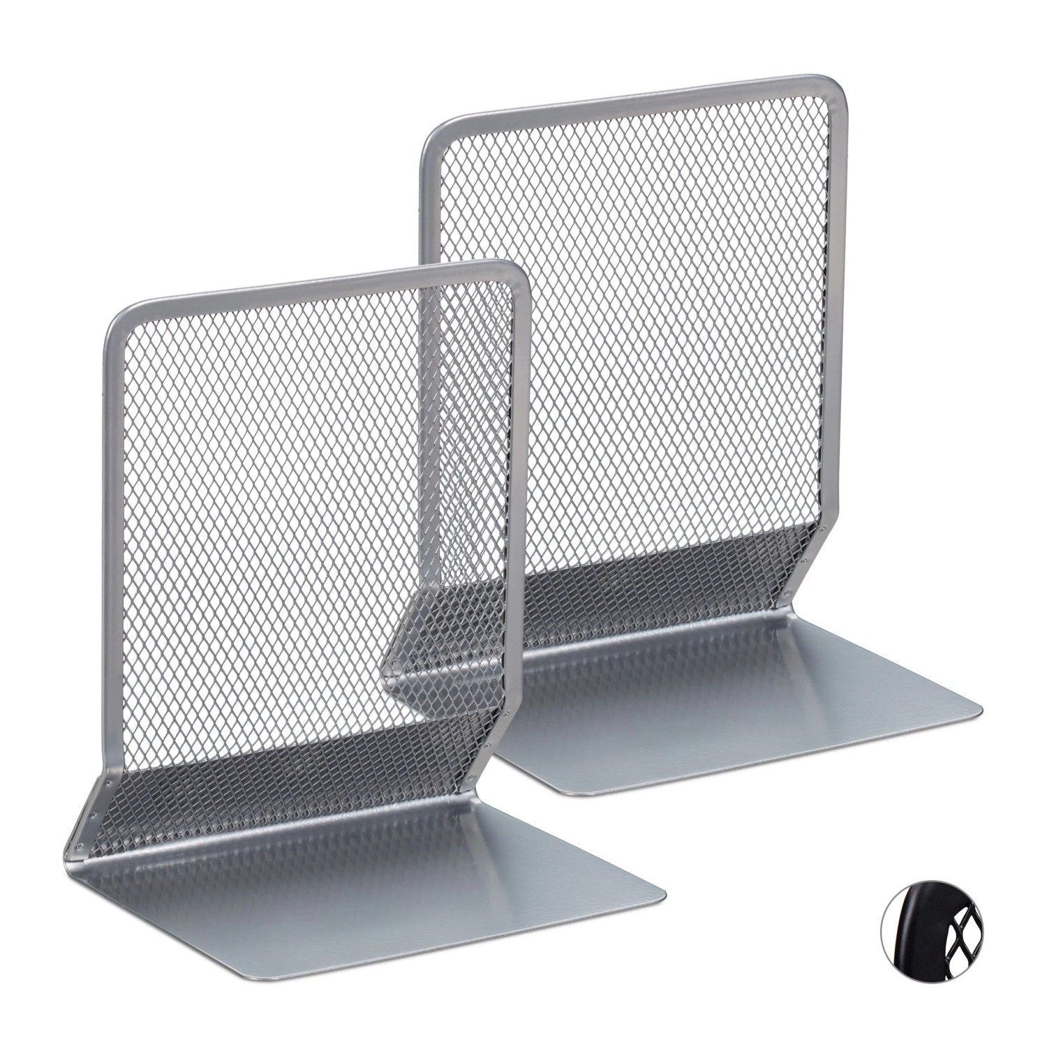 Relaxdays Buchstütze Metall Silber 2er Set 16,5 cm x 13 cm x 10,5 cm