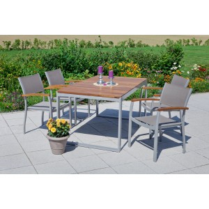 5-teiliges Gartenmöbel-Set Naxos mit grauem Textil und Akazienholztisch (150/200x90 cm).