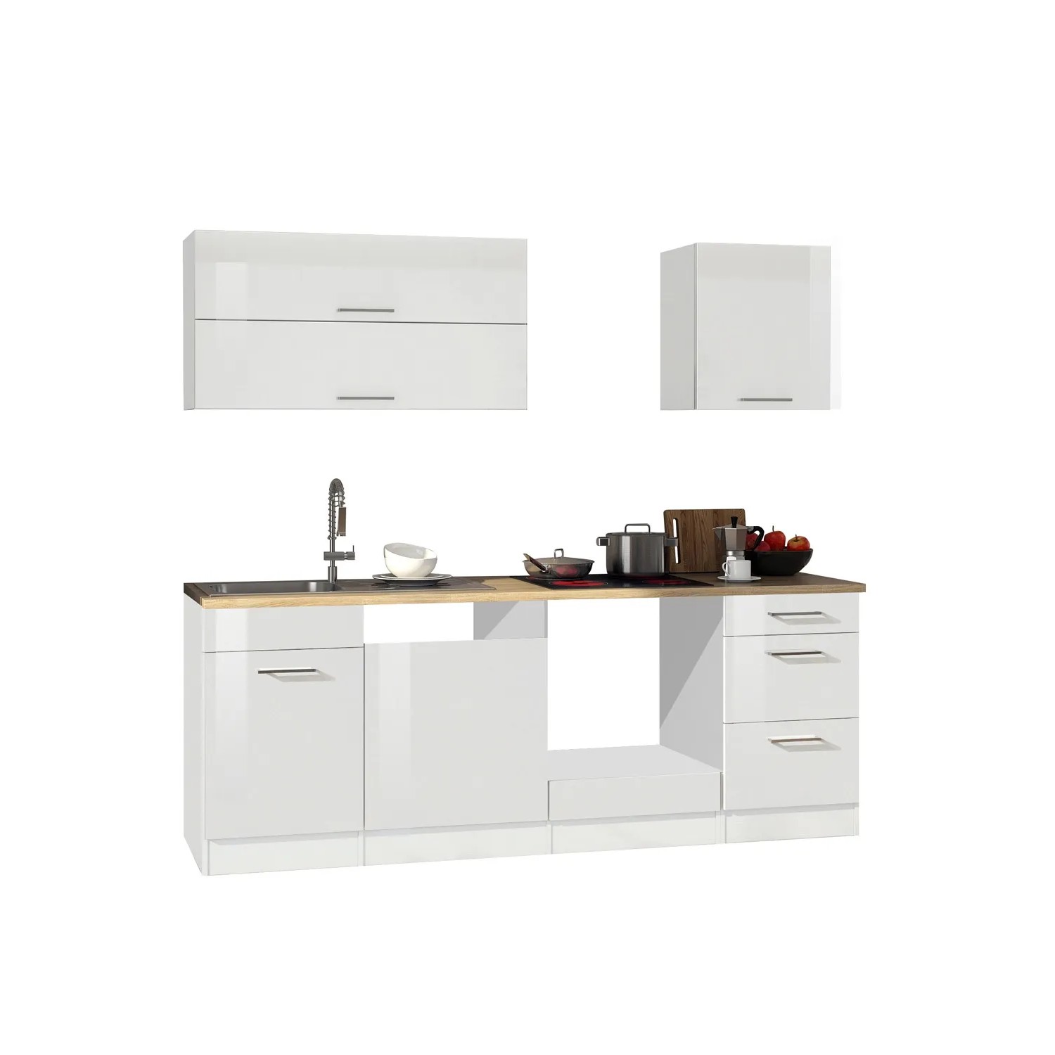 Küchenzeile Mailand, 220 cm, Weiß Hochglanz/Matt, ohne E-Geräte. Moderne Einbauküche mit Hänge- und Unterschränken.