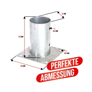 Feuerverzinkte Hollmax Aufschraubhülse, 81 mm, für Rundholzpfosten zur Montage auf festem Untergrund.