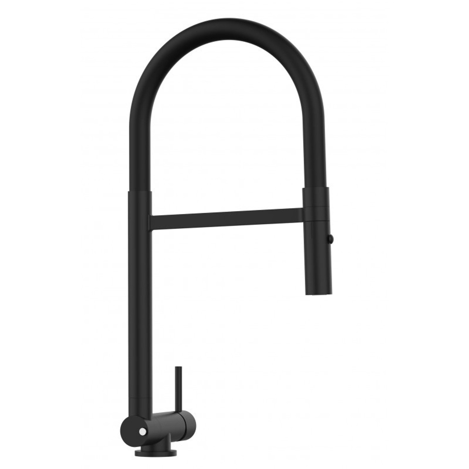 Schwarze VIZIO Küchenarmatur für Vorfenster-Montage mit schwenkbarem Auslauf und Handbrause.