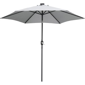 Grauer Marktschirm Wando Ø 270 cm mit Kurbel, LED-Beleuchtung für Garten & Terrasse.