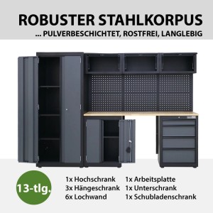 TRUTZHOLM Werkstattwand, 13-teilig, anthrazit. Werkstattschranksystem mit Lochwand und Arbeitsplatte.