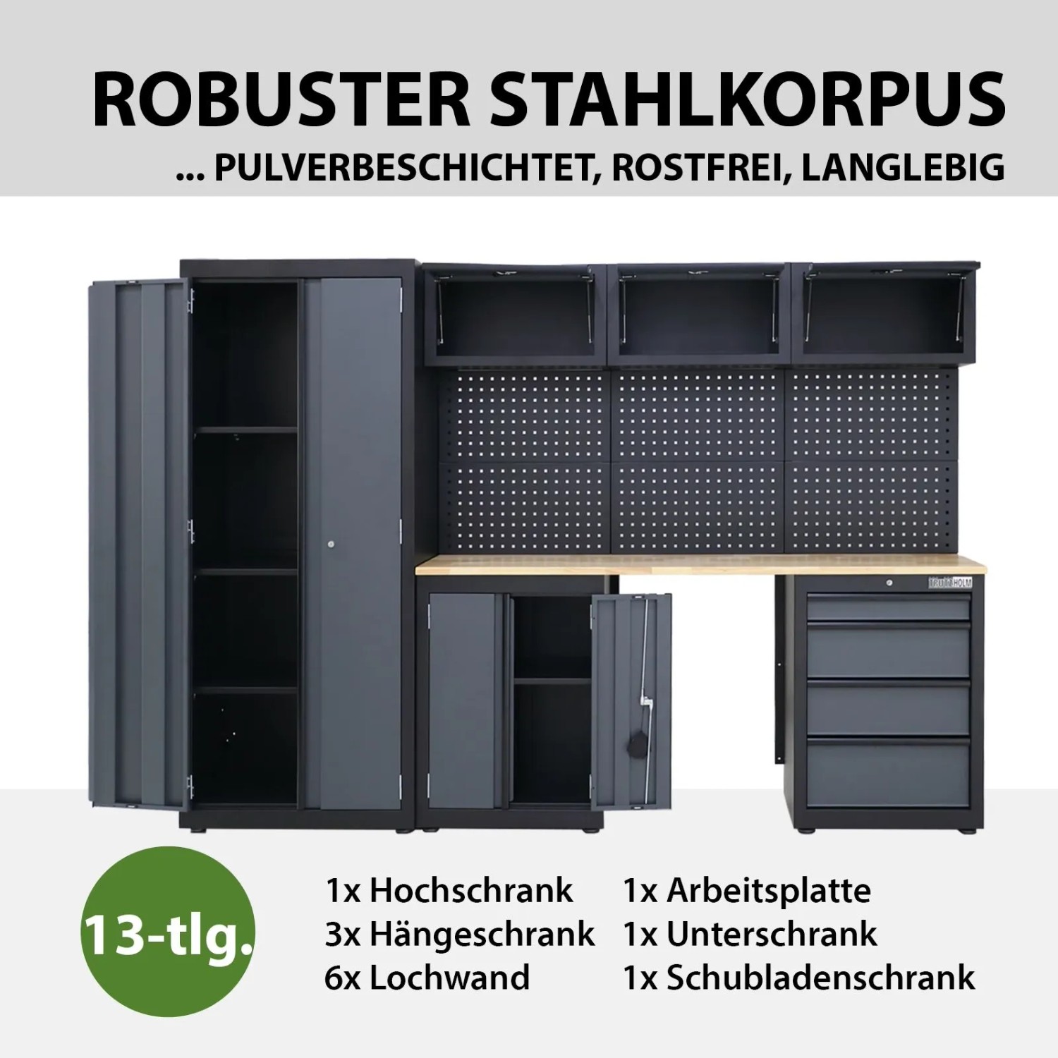 TRUTZHOLM Werkstattwand, 13-teilig, anthrazit. Werkstattschranksystem mit Lochwand und Arbeitsplatte.