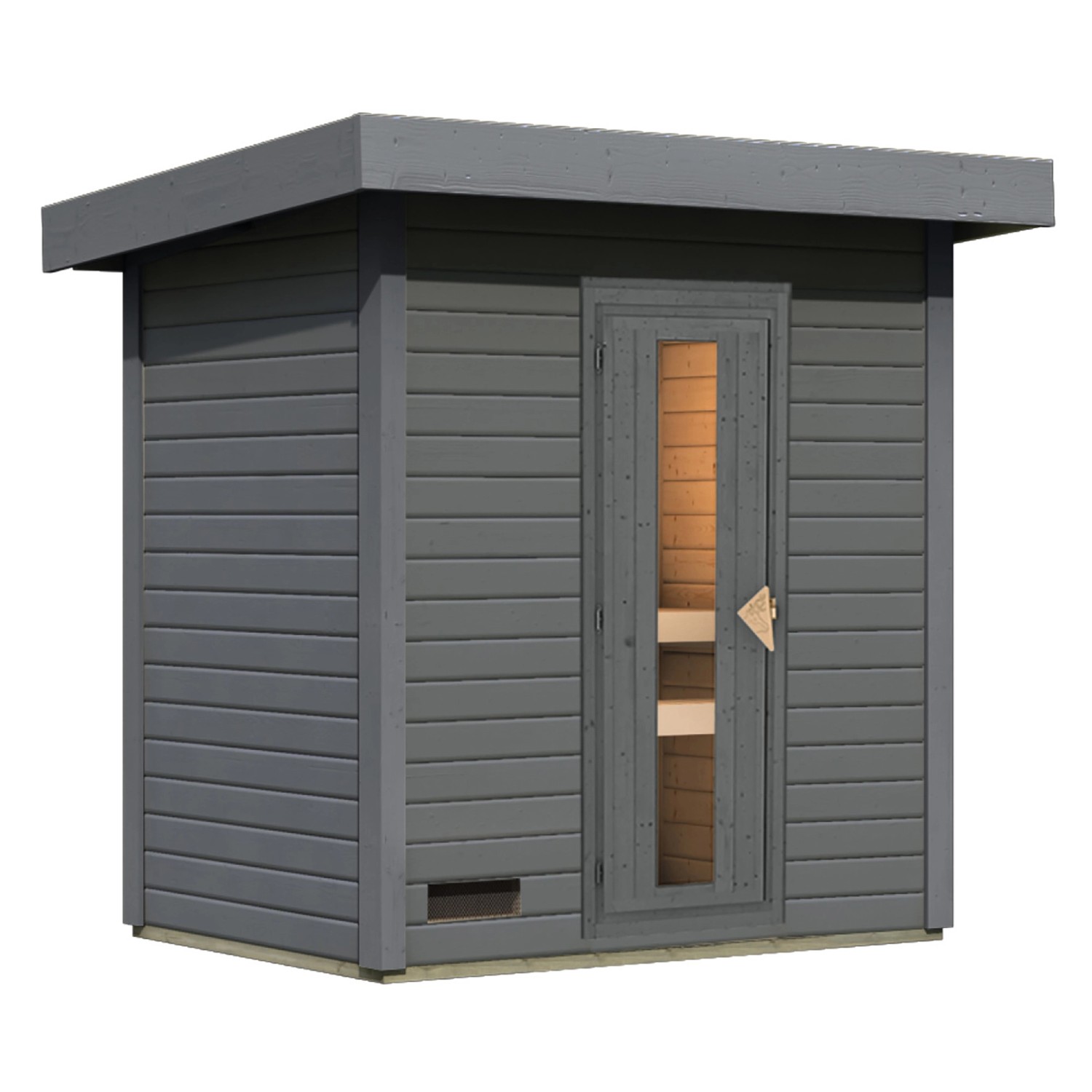 Karibu Saunahaus Arvi 1 in Terragrau: Kompakte Gartensauna mit Holztür und Flachdach.