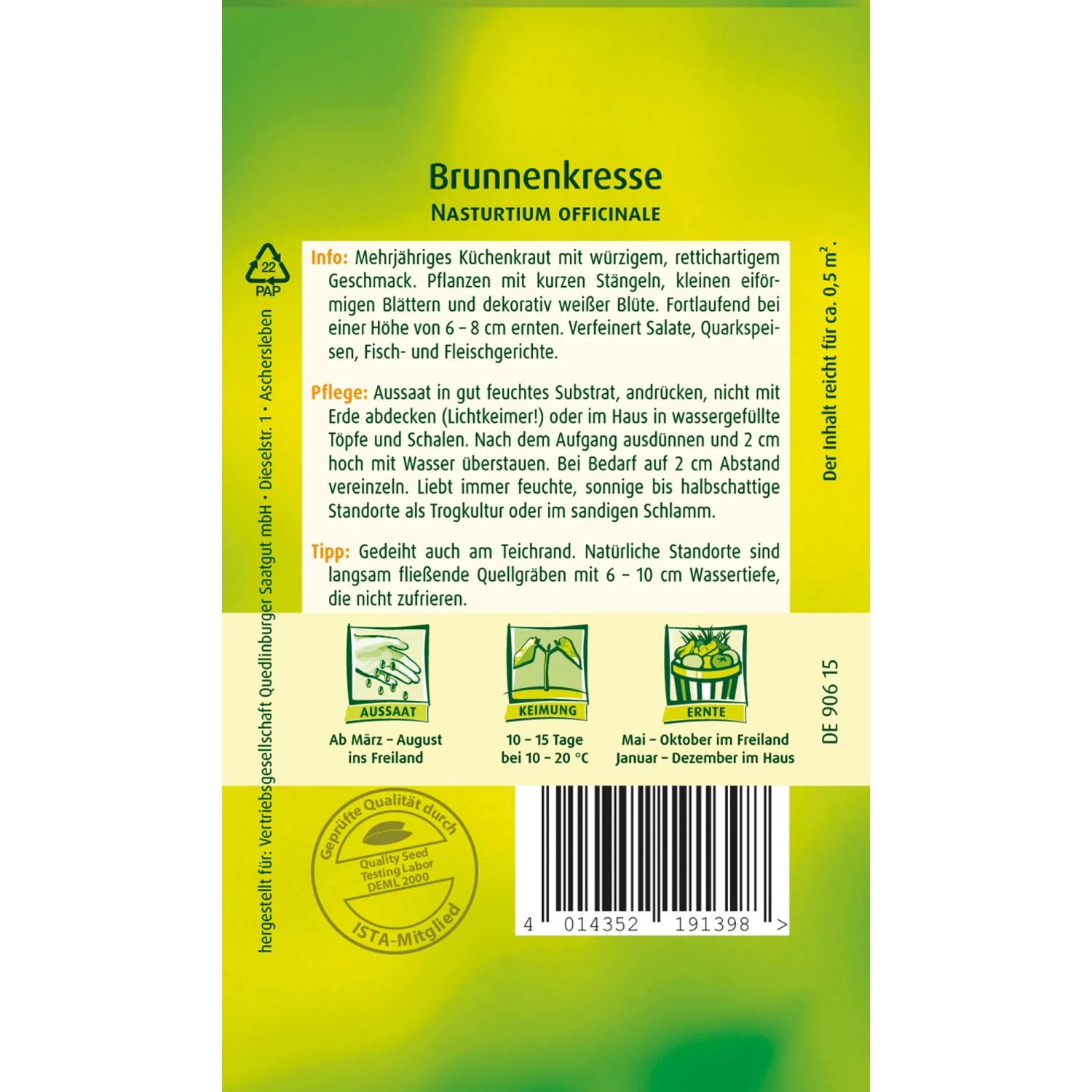 Samentüte Quedlinburger Brunnenkresse, aromatisches Küchenkraut für Salate und Fischgerichte.