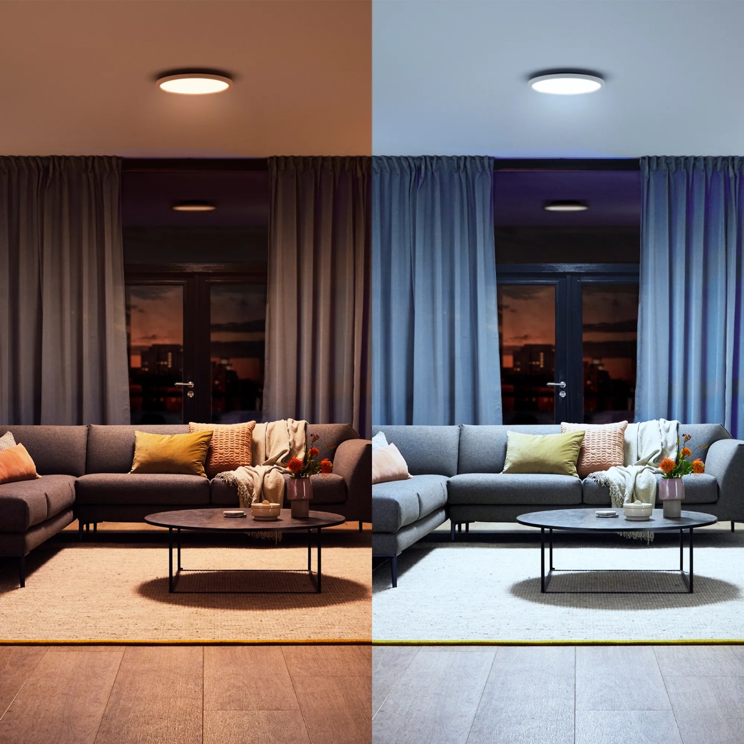 Philips Hue Aurelle LED-Panel, Ø 39,5 cm, Weiß, mit warmweißem und kaltweißem Licht im Wohnzimmer.