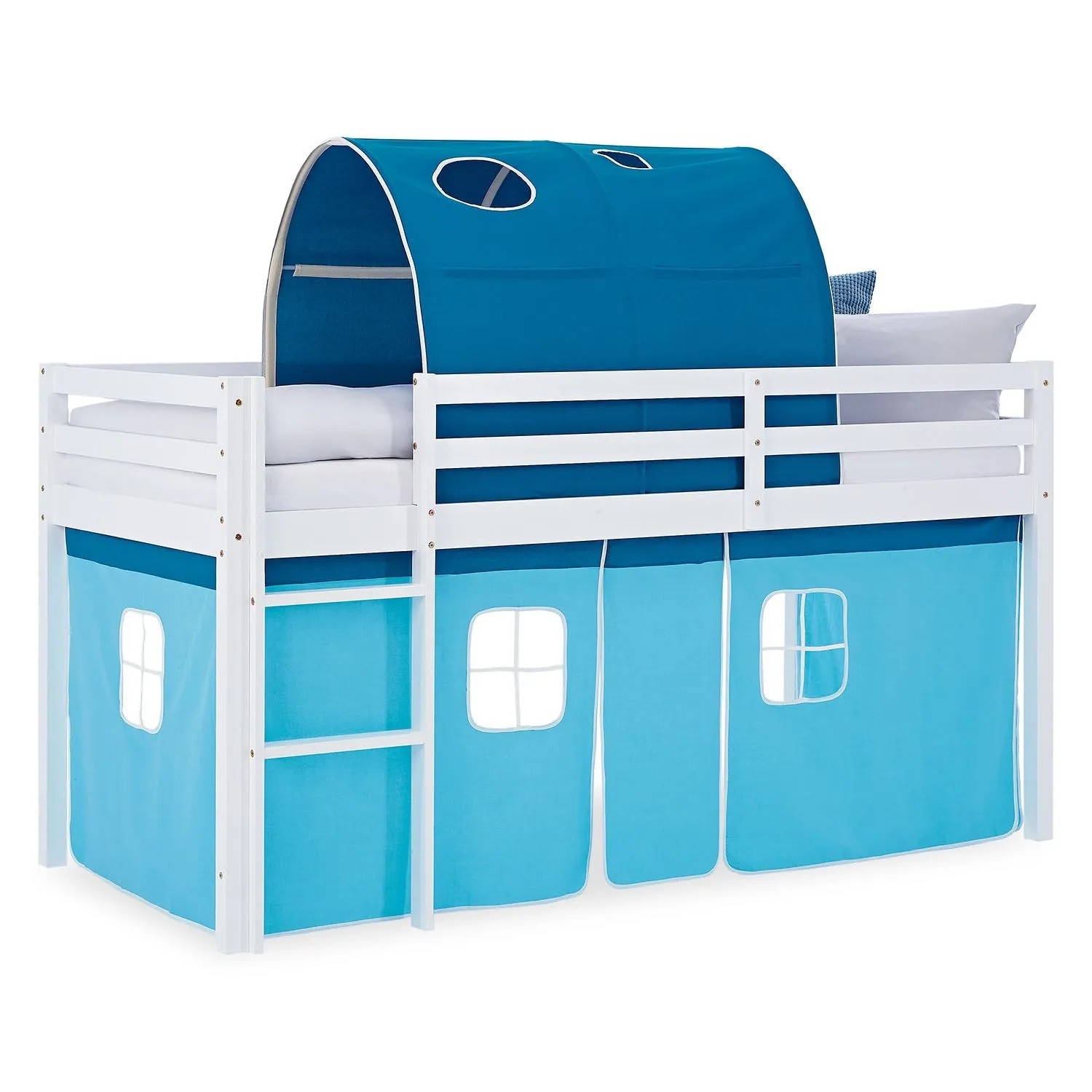 Homestyle4u Kinder Hochbett 90x200 Tunnel Vorhang Blau Kinderbett 2985