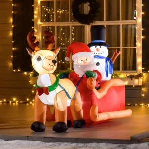 Aufblasbarer Weihnachtsmann auf rotem Schlitten mit Rentier und Schneemann, beleuchtete Weihnachtsdekoration für den Garten.