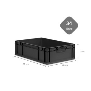 Schwarze PROREGAL Eurobox Nextgen Grip, 34 Liter, mit Deckel und blauen Verschlüssen, 40x60x17cm.