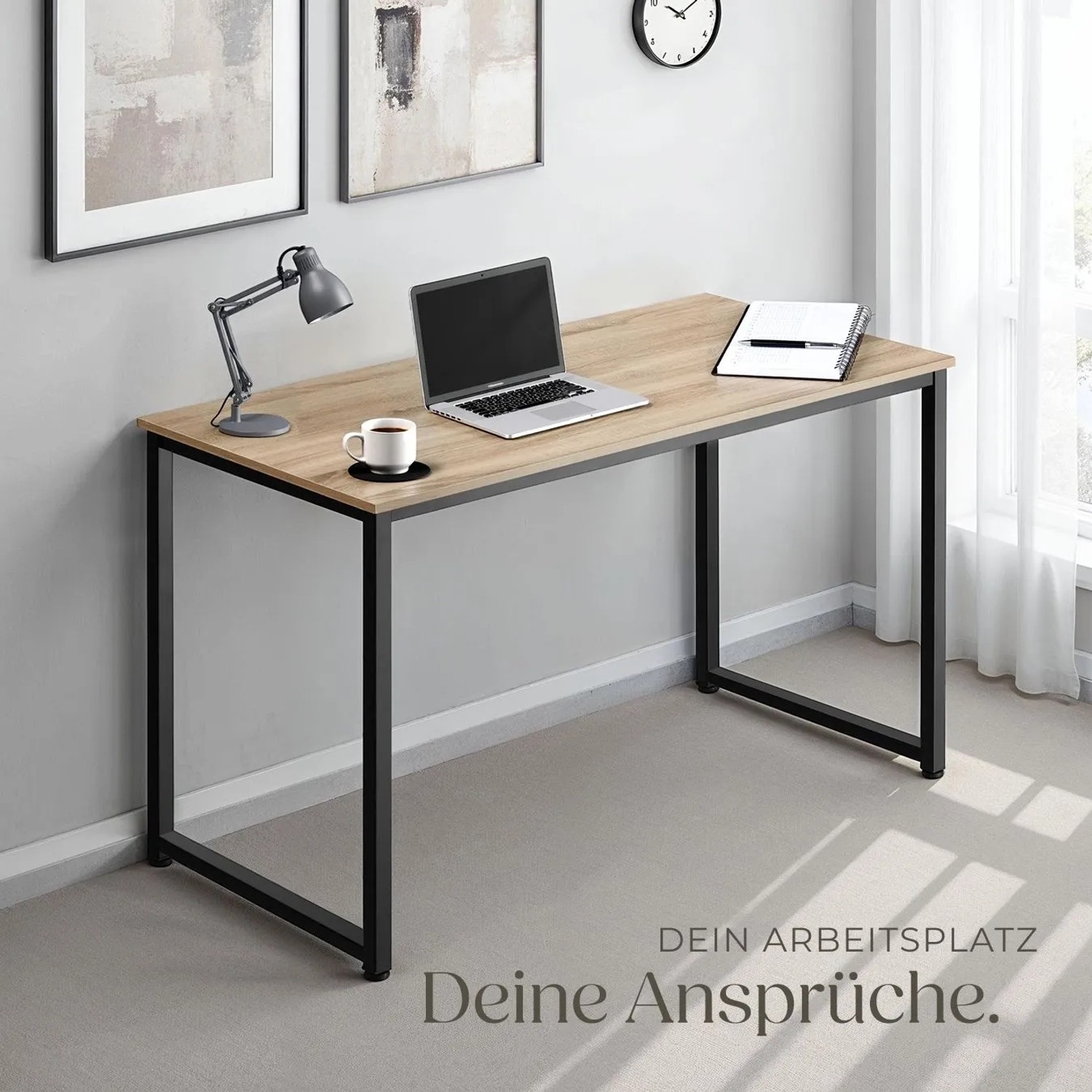 Tectake Schreibtisch Flint im Industrial Style mit Holzplatte in Eiche Sonoma und schwarzem Stahlgestell.