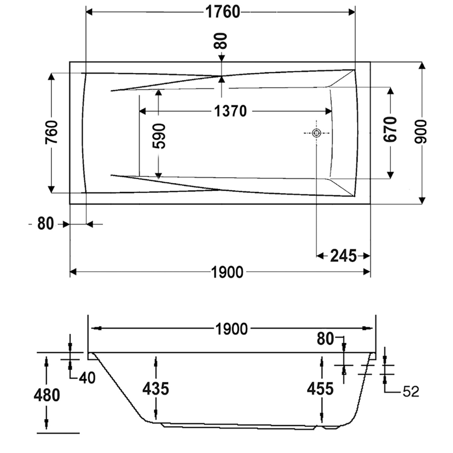 Technische Zeichnung der Badewanne Atlanta, 190x90 cm, mit Maßangaben.