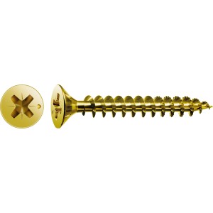 Goldene Spax Universalschraube 3x25 mm mit Senkkopf und PZ-Antrieb, seitliche und Kopfansicht.