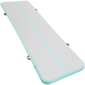 Tectake Airtrack Trainingsmatte, aufblasbar, grau/blau, mit Luftpumpe und Tragegriffen.