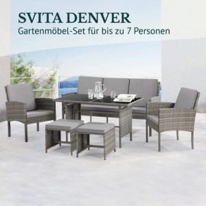 Graues Svita Denver Polyrattan Gartenmöbel Set für 7 Personen: Sofa, 2 Sessel, 2 Hocker, Esstisch mit Glasplatte auf Terrasse.